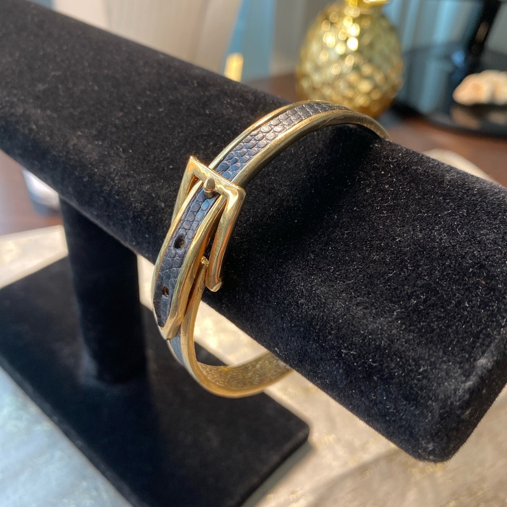 Vintage Buckle Bracelet, Gold Tone with Black Faux Leather Inlay, Hinged Bangl